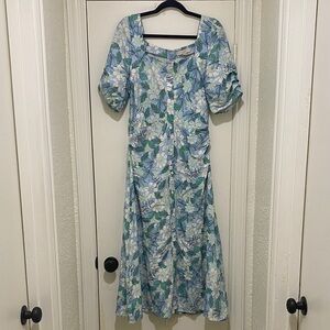 LOFT Blue and Green Floral Midi Dress with Square Neck